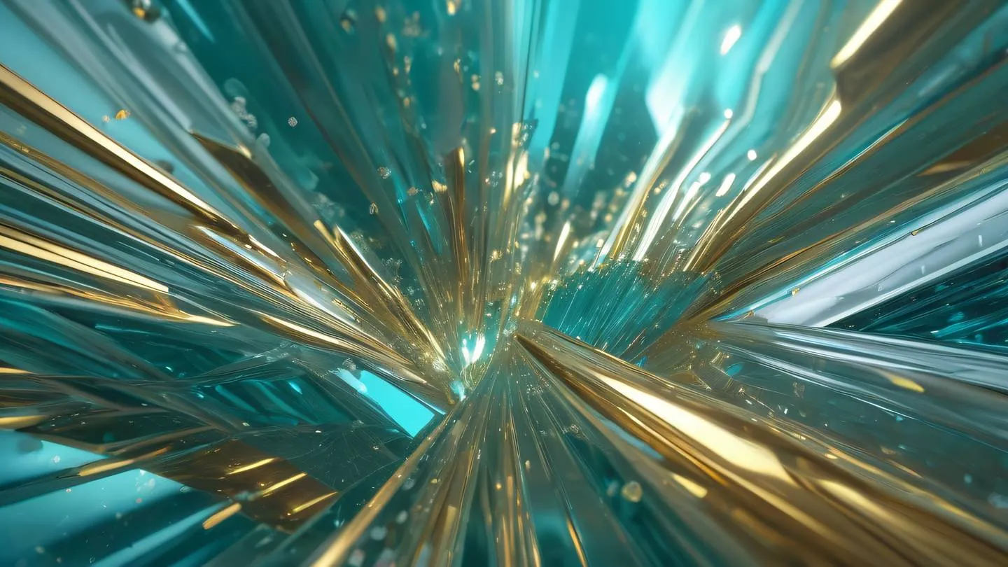 A serene abstract composition of flowing geometric shapes in iridescent colors (cyan gold silver) with light streaming through crystalline structures shot from below looking up high-quality ultra-realistic cinematic 8K UHD high resolution sharp and detail