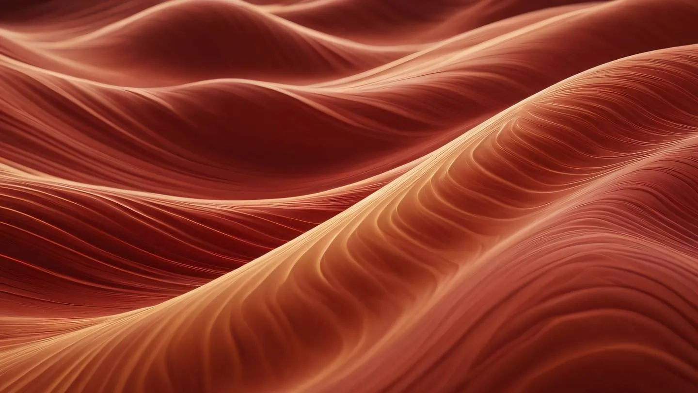 Dynamic abstract waves and curves in perfect red and ochre colors flowing through space with natural light interactions photographed from a diagonal angle high-quality ultra-realistic cinematic 8K UHD high resolution sharp and detail