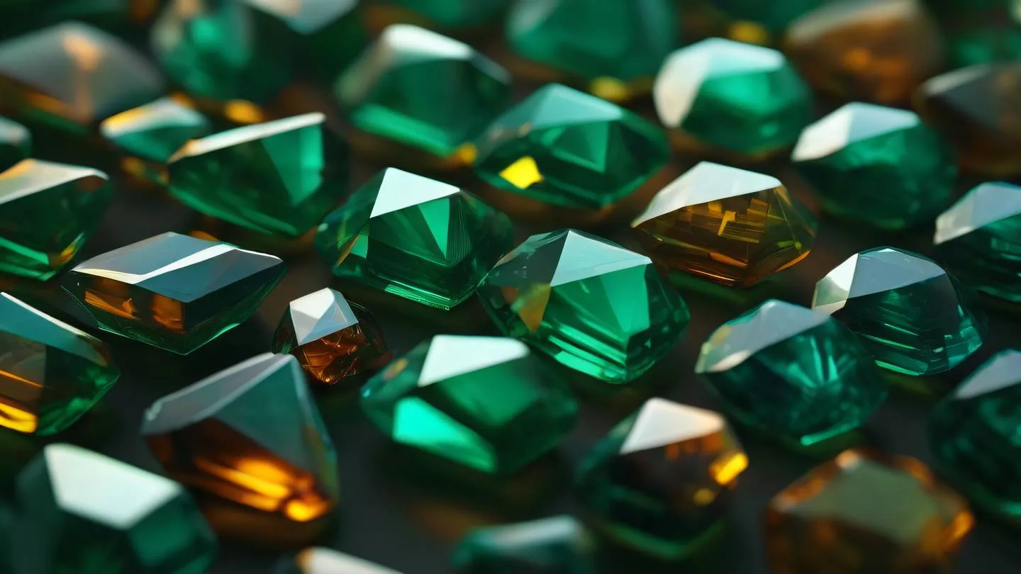 Geometric patterns and shapes in gem colors (emerald sapphire amber) casting shadows and reflections viewed from a Dutch angle high-quality ultra-realistic cinematic 8K UHD high resolution sharp and detail