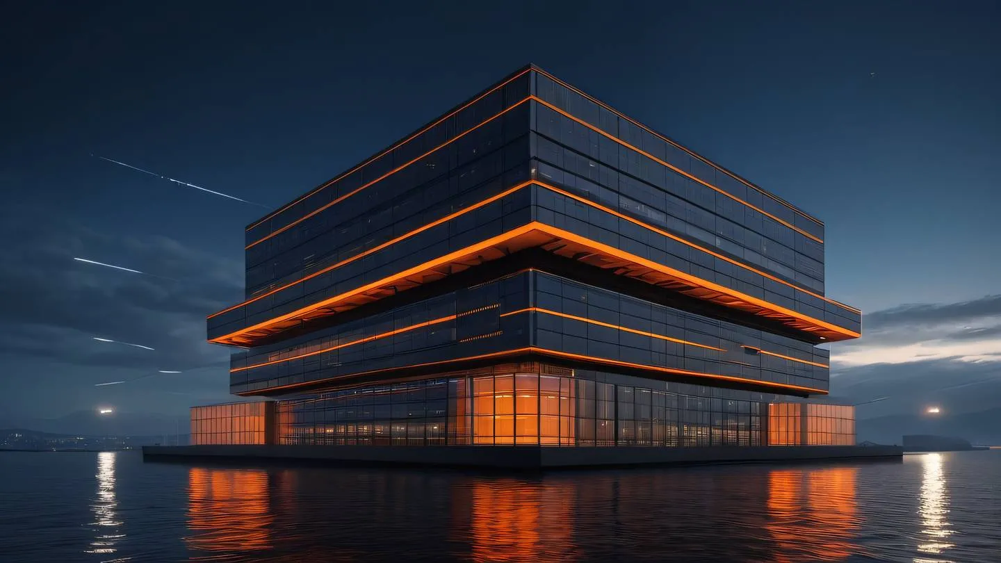 Futuristic floating data center building with interconnected geometric shapes bright orange and black color scheme glowing energy lines flowing between structures ultra-realistic cinematic lighting 8K UHD high resolution sharp details low angle shot looking upward