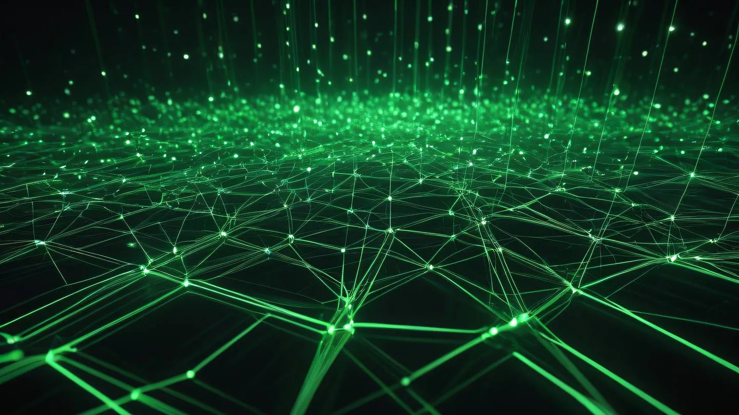 Abstract geometric network visualization with flowing data streams bright green and black color palette floating 3D nodes connected by light beams ultra-realistic cinematic 8K UHD high resolution sharp details bird's eye view shot