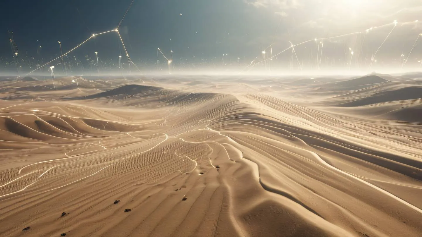 Abstract technological landscape with flowing data streams october mist and sand colored geometric shapes floating in space interconnected nodes with energy beams ultra-realistic cinematic lighting 8K UHD high resolution sharp details dramatic diagonal perspective shot