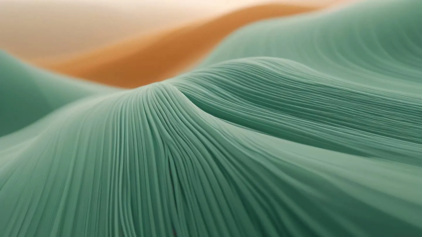 Abstract flowing lines representing data streams and debugging processes shot from a low angle perspective featuring minimal color palette of October mist green and soft orange accents cinematic lighting ultra-realistic 8K high resolution