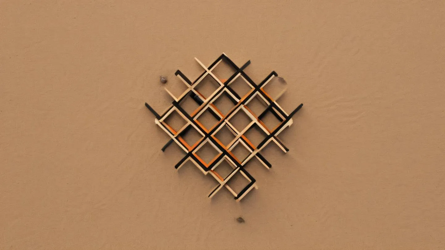 A minimalist composition of interconnected geometric shapes symbolizing problem-solving patterns captured from a bird's eye view in sand and black colors with subtle orange highlights high-quality ultra-realistic 8K UHD