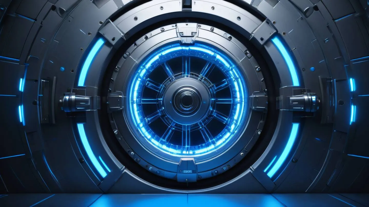 A futuristic secure vault door with glowing circuit patterns metallic silver and electric blue color scheme shot from a dramatic low angle perspective high-quality ultra-realistic cinematic 8K UHD high resolution sharp and detail