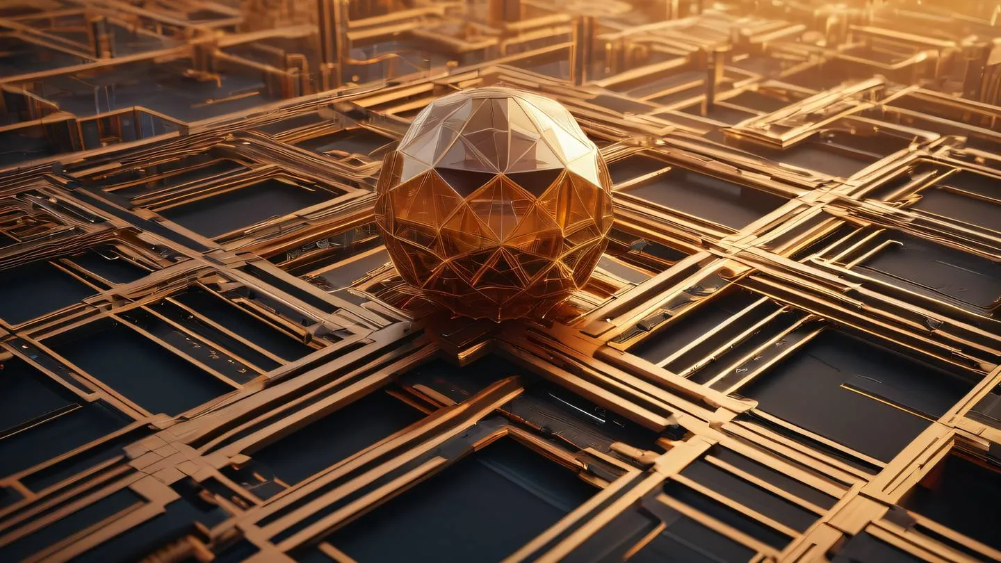 Modern abstract security architecture with interconnected geometric shapes warm golden and copper tones floating in space captured from an aerial view high-quality ultra-realistic cinematic 8K UHD high resolution sharp and detail