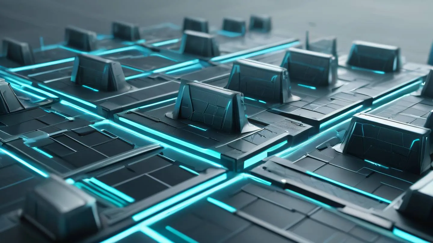 Abstract representation of digital fortress featuring floating geometric shields and barriers contemporary grey and silver tones with accents of bright cyan photographed from a dynamic diagonal angle high-quality ultra-realistic cinematic 8K UHD high resolution sharp and detail