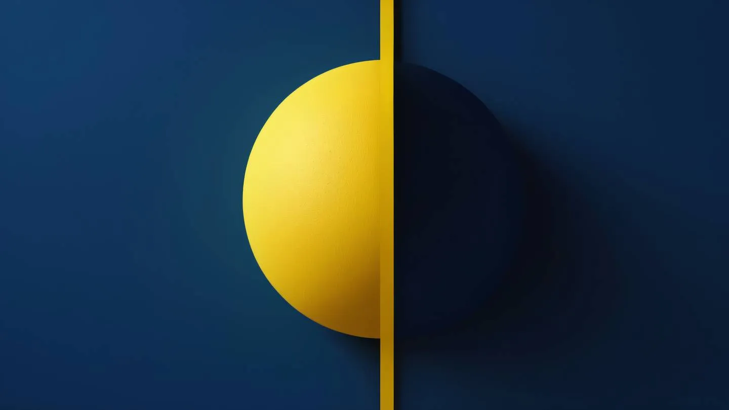 A modern abstract representation of day and night transition featuring a gradient blend of bright yellow and deep blue colors with geometric shapes casting dynamic shadows shot from top-down perspective high-quality ultra-realistic cinematic 8K UHD high resolution sharp and detail