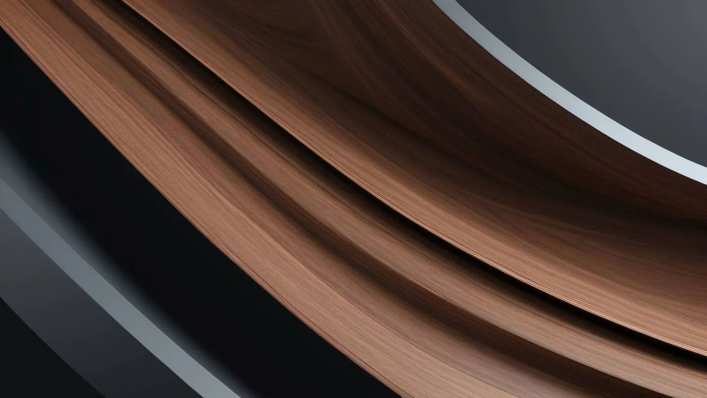 Abstract architectural curves and lines with warm walnut brown transitioning to cool iron grey tones creating a flowing pattern suggesting material design captured from a diagonal angle high-quality ultra-realistic cinematic 8K UHD high resolution sharp and detail