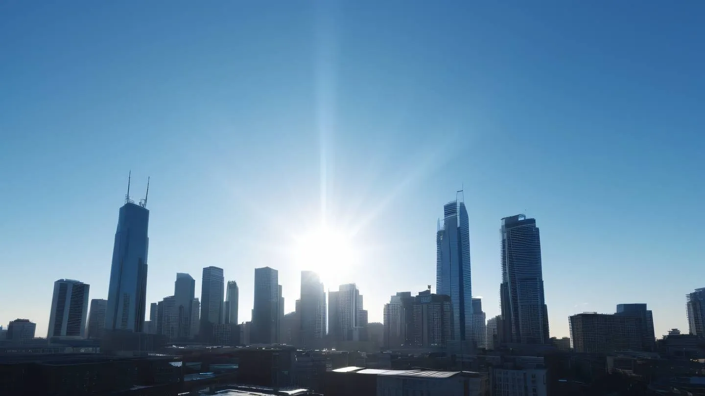 Minimalist cityscape silhouette against a bright blue sky with streaming light rays piercing through contemporary buildings photographed from a low angle perspective high-quality ultra-realistic cinematic 8K UHD high resolution sharp and detail