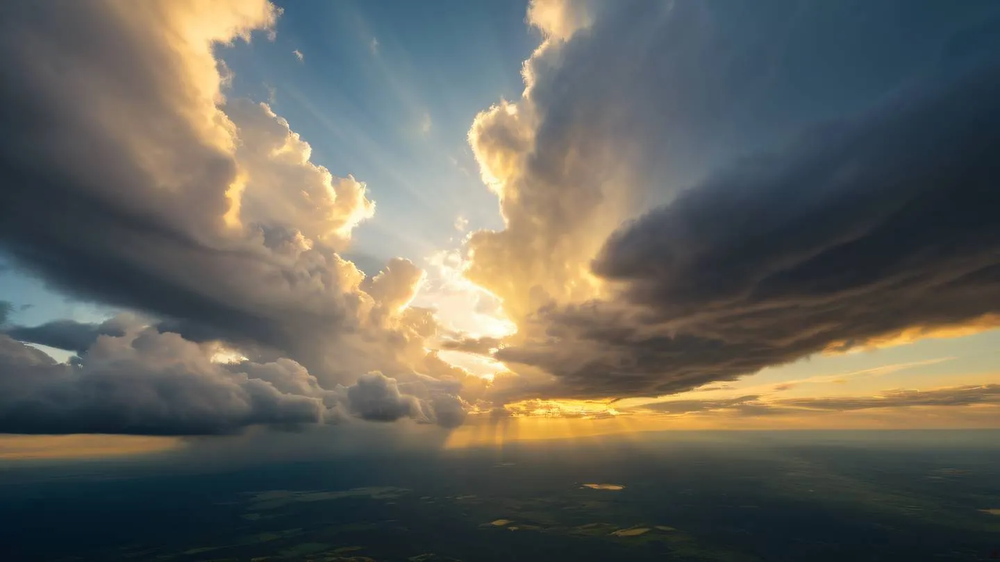 Dramatic cloud formations in a vast sky with streams of golden yellow sunlight breaking through layers of clouds creating a natural contrast pattern shot from a wide-angle perspective high-quality ultra-realistic cinematic 8K UHD high resolution sharp and detail