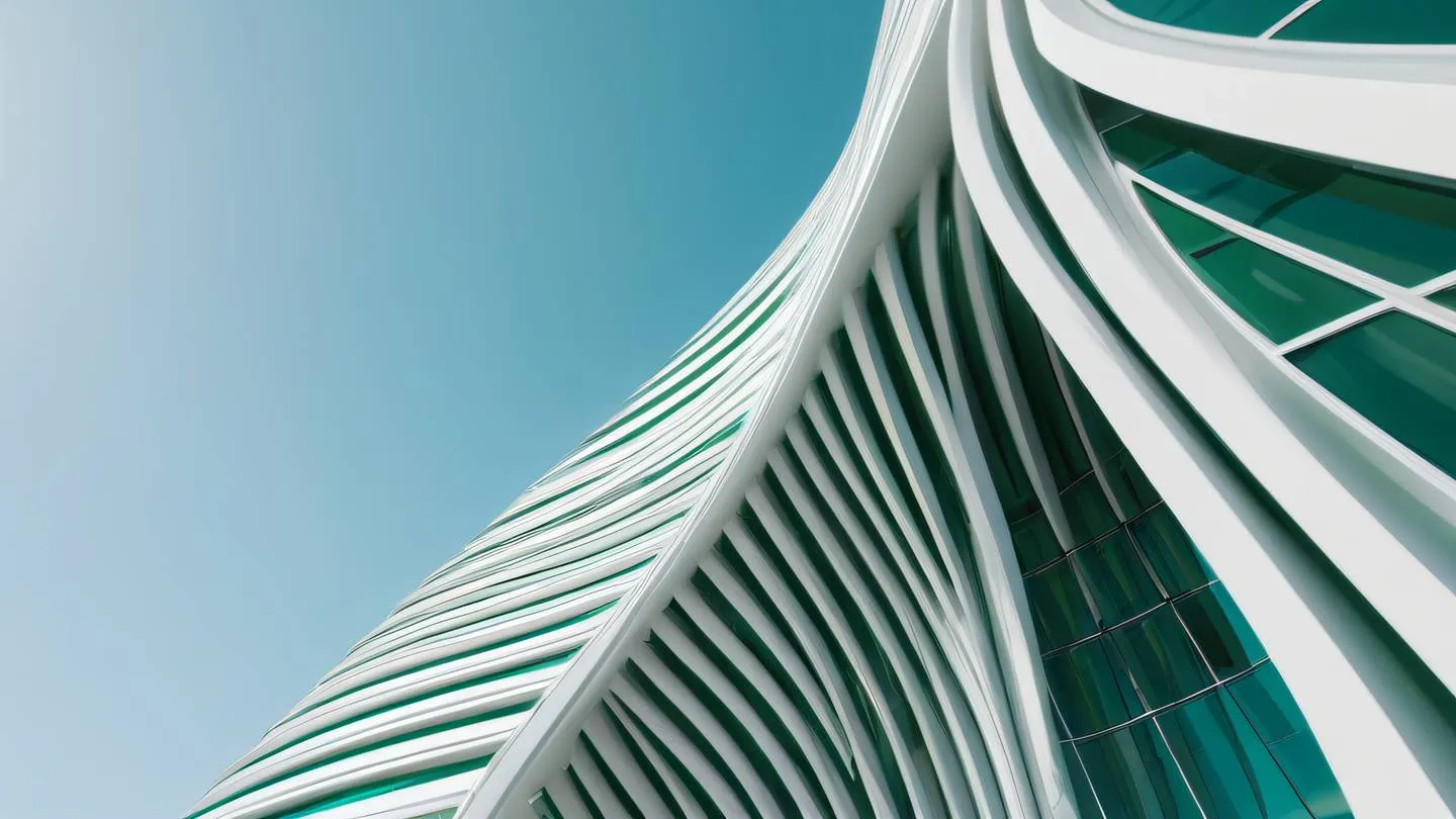 A modern abstract architectural structure with flowing curves and clean lines featuring bright white and emerald green geometric patterns shot from a low upward angle perspective high-quality ultra-realistic cinematic 8K UHD high resolution sharp and detail