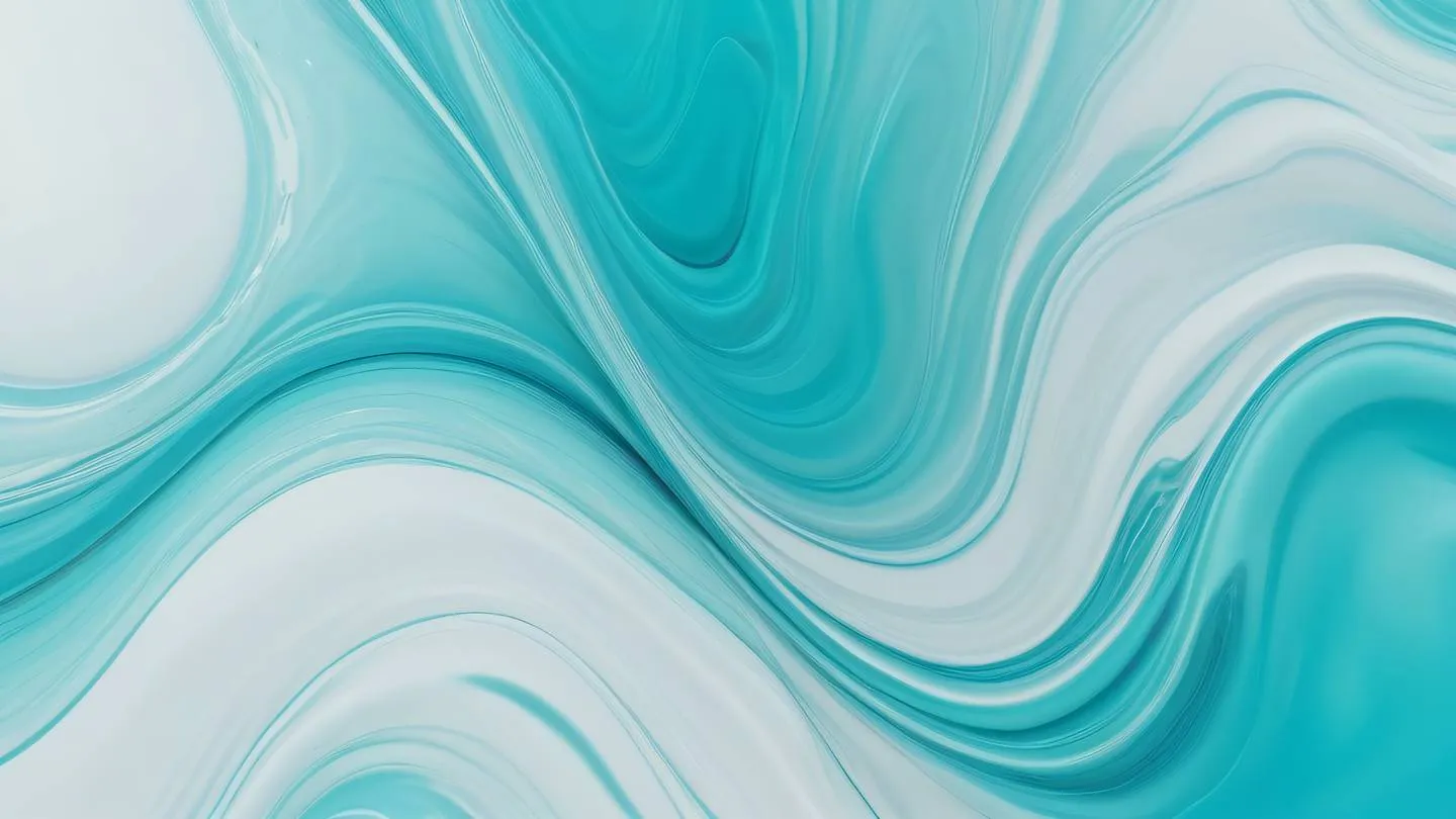 Abstract fluid art composition with flowing curves in bright turquoise and white colors captured from a top-down perspective showing organic movement patterns high-quality ultra-realistic cinematic 8K UHD high resolution sharp and detail