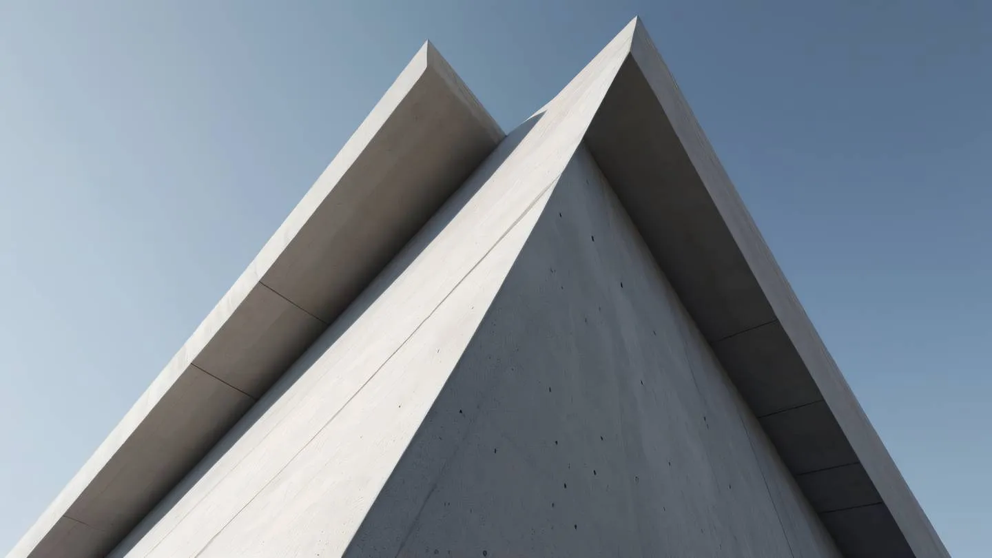 Contemporary concrete structure with sharp angles and smooth surfaces in light gray and white tones photographed from a diagonal side angle featuring strong geometric shadows high-quality ultra-realistic cinematic 8K UHD high resolution sharp and detail