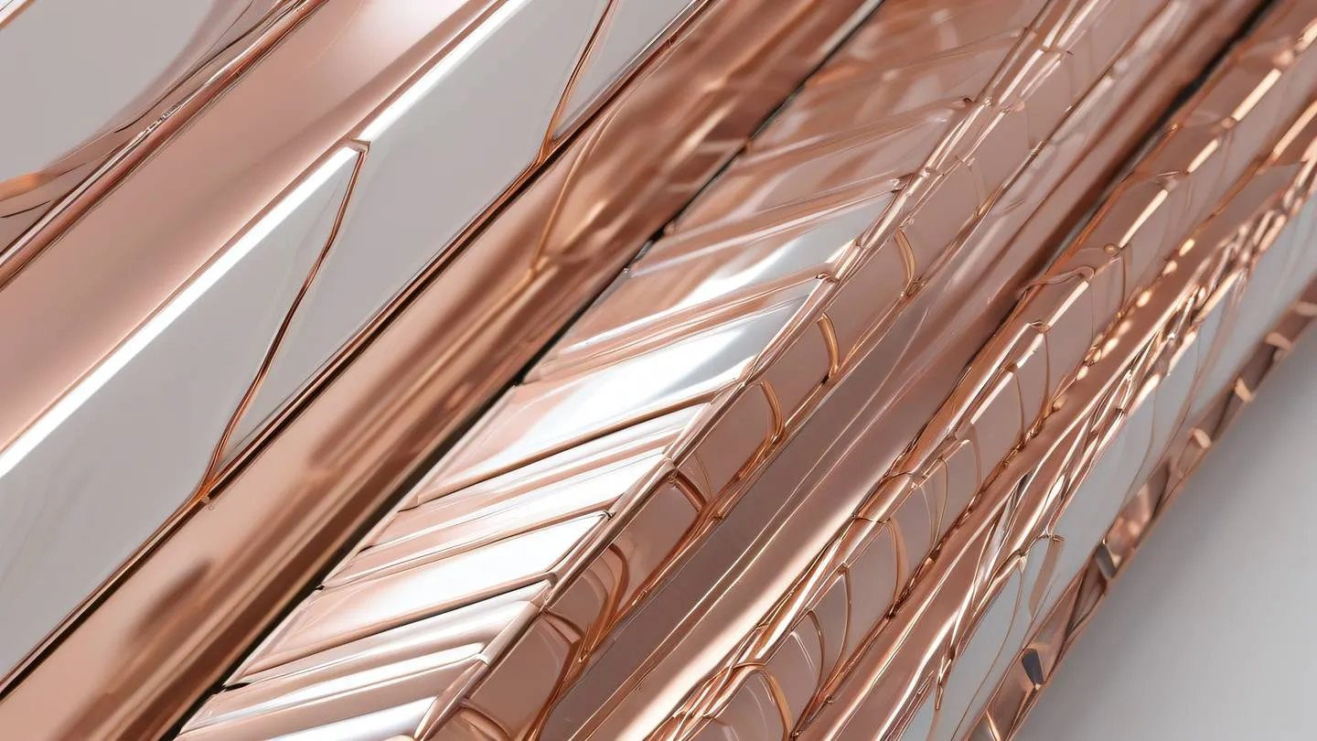 Abstract architectural detail featuring a series of interconnected rose gold and white metallic surfaces photographed from an extreme close-up angle showing intricate patterns and reflections high-quality ultra-realistic cinematic 8K UHD high resolution sharp and detail