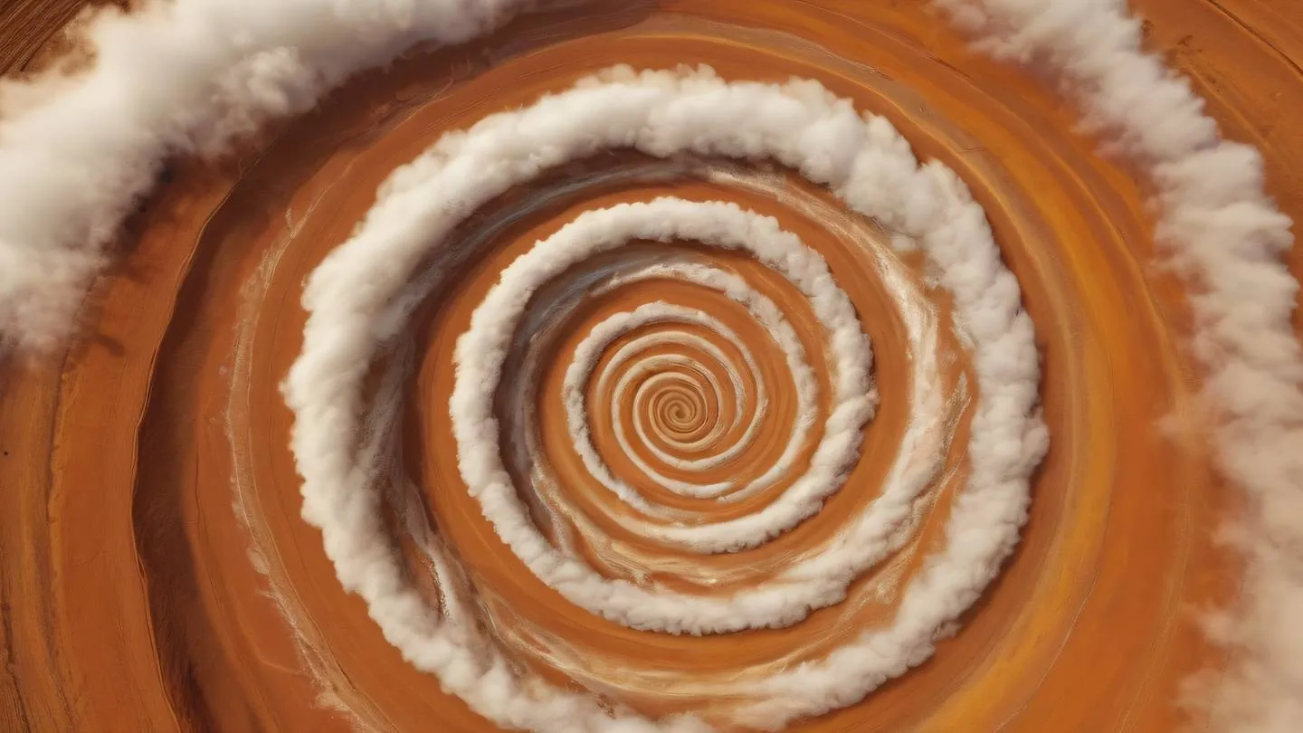 Abstract cloud formations swirling in a spiral pattern against a backdrop of butterscotch yellow and rustic terracotta colors captured from an aerial perspective high-quality ultra-realistic cinematic 8K UHD high resolution sharp and detail