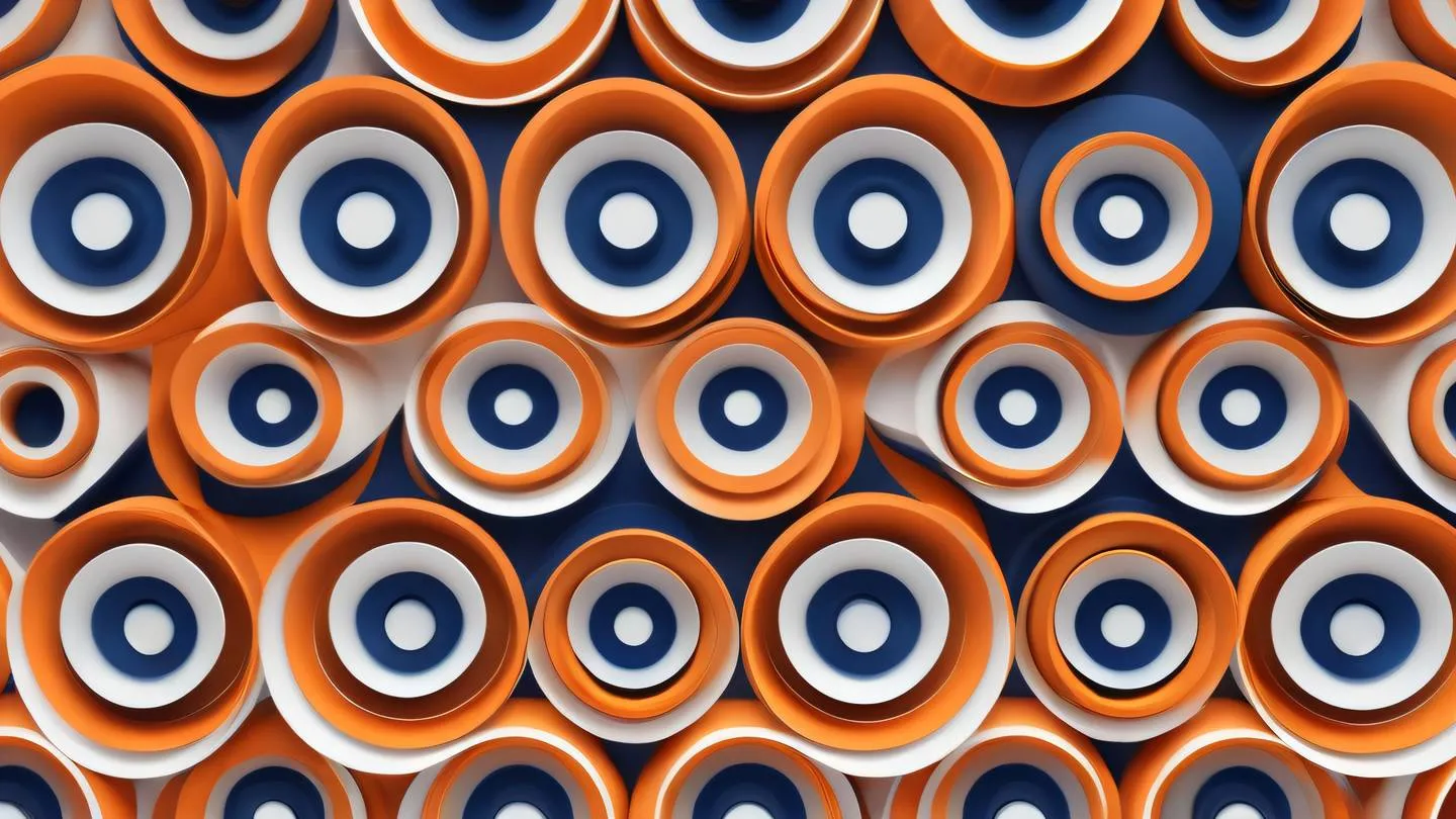 Minimalist geometric pattern with flowing curved lines and circles bright orange and navy blue gradients on white background shot from straight above high-quality ultra-realistic cinematic 8K UHD high resolution sharp and detail