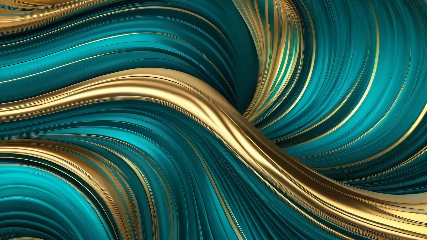 Elegant flowing abstract pattern with seamless curves and golden metallic reflections mixed with turquoise accents captured from a 45-degree angle high-quality ultra-realistic cinematic 8K UHD high resolution sharp and detail