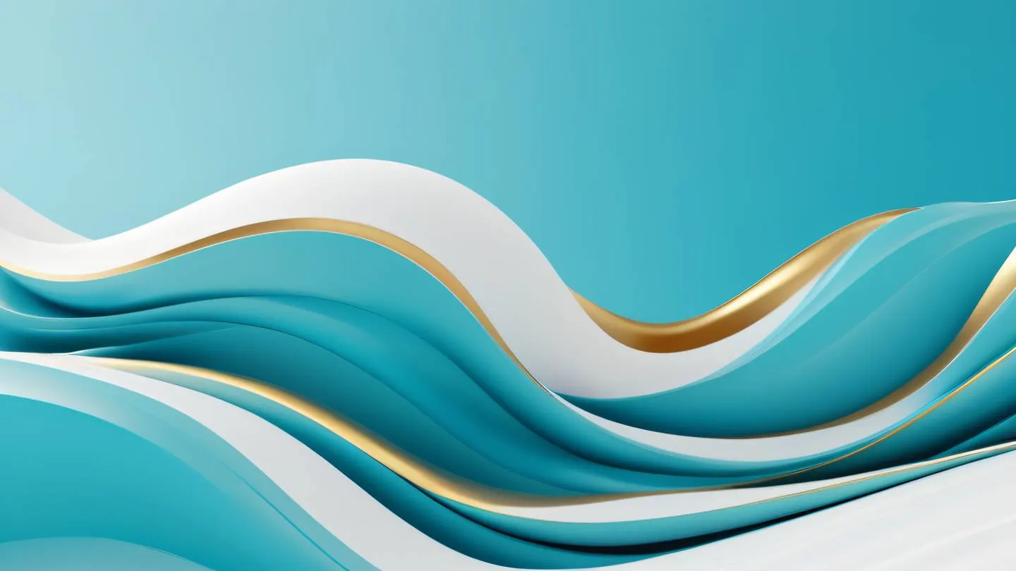 Modern minimalist waves and curves forming an abstract composition bright aqua blue and white with subtle gold accents photographed from a low angle perspective high-quality ultra-realistic cinematic 8K UHD high resolution sharp and detail