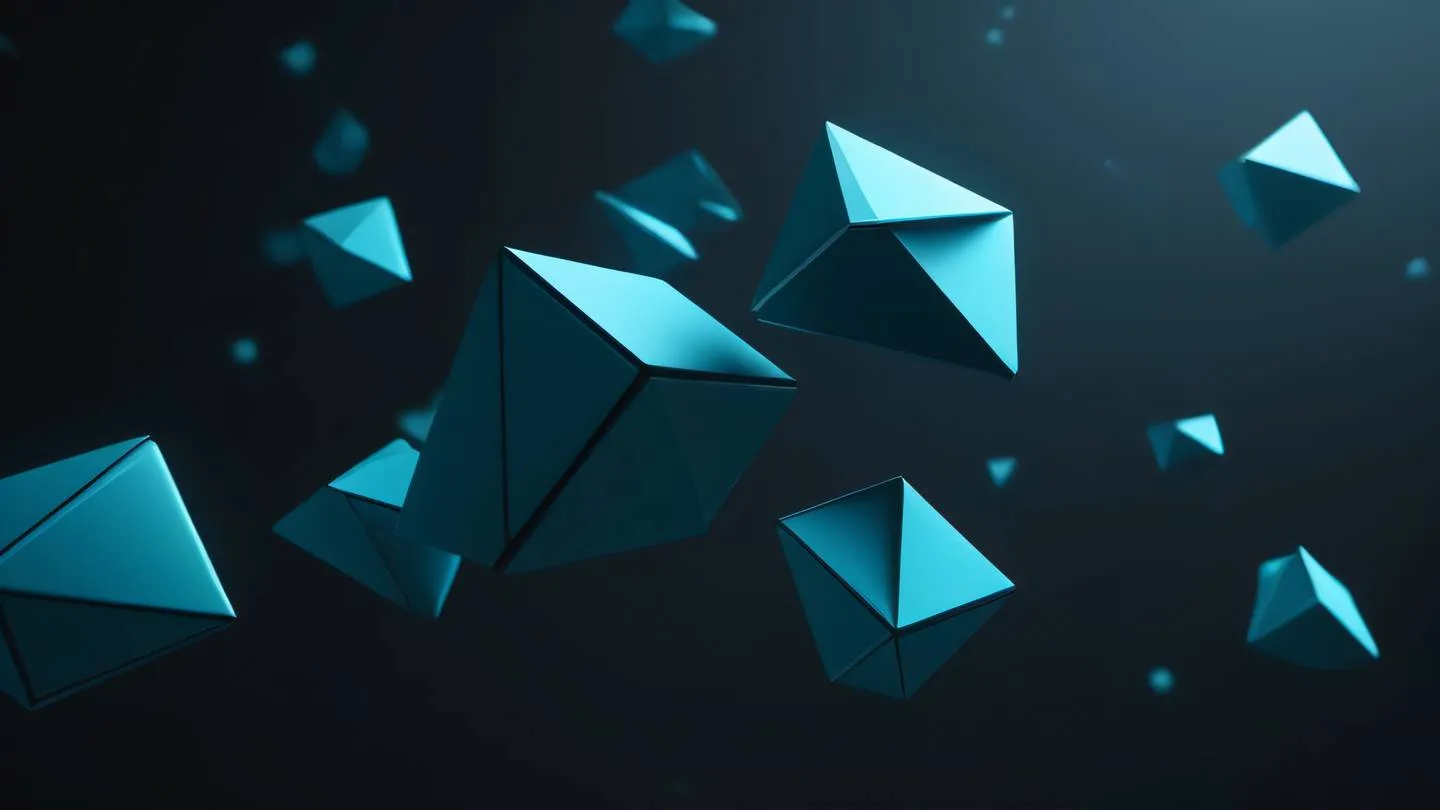 A minimalist abstract representation of interlocking geometric shapes floating in space rendered in bright cyan and electric blue tones against a deep charcoal background shot from a low angle perspective with dramatic lighting high-quality ultra-realistic cinematic 8K UHD high resolution sharp and detail