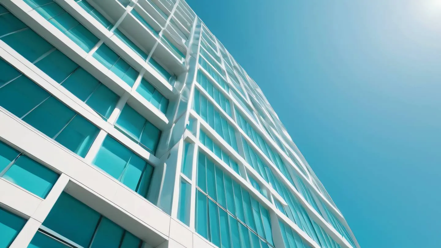 Dynamic architectural structures with clean lines and geometric patterns bathed in natural sunlight featuring bright turquoise and white colors against a clear sky background shot from an upward angle perspective high-quality ultra-realistic cinematic 8K UHD high resolution sharp and detail