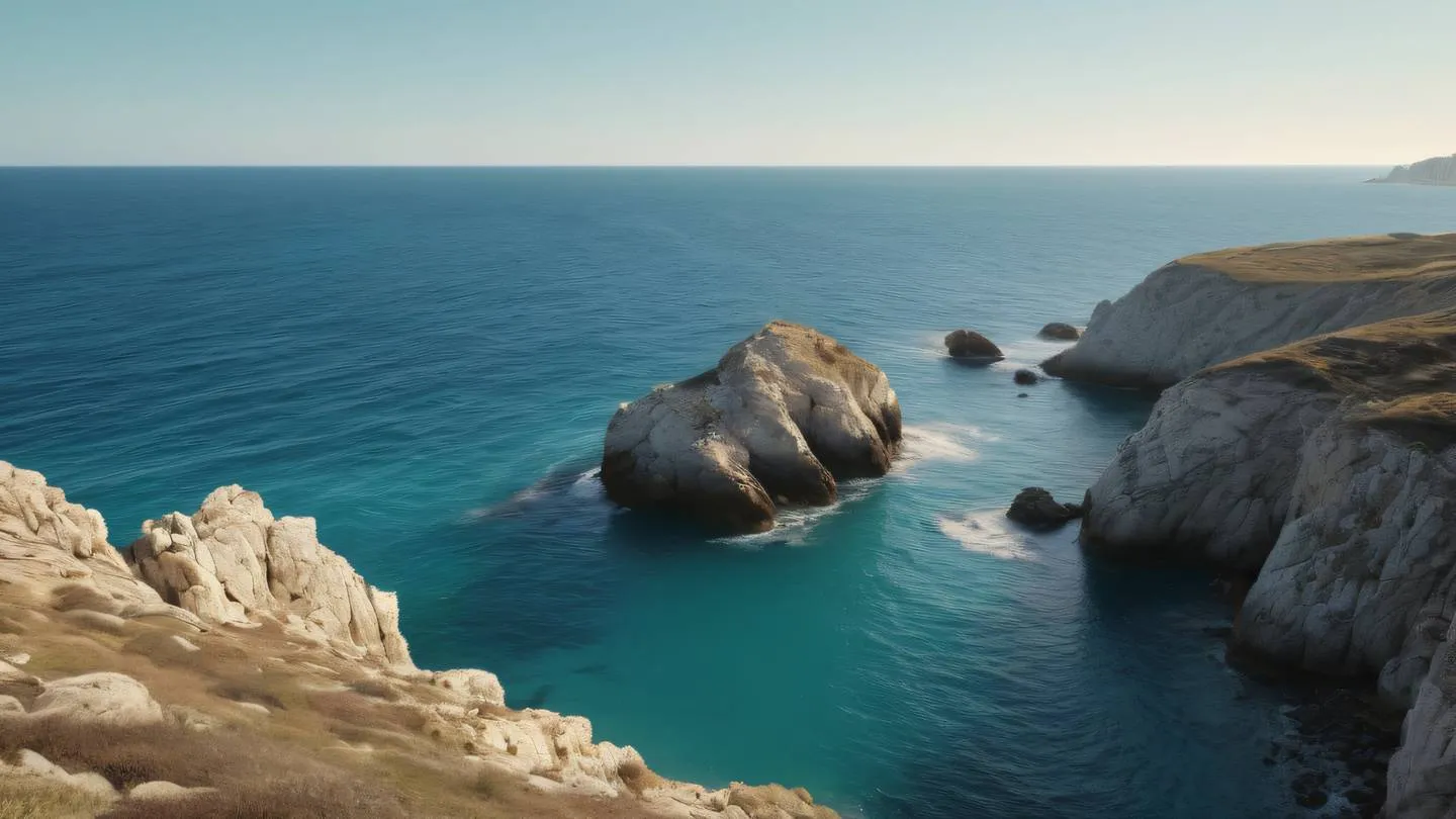 Serene coastal landscape with gentle waves and rocky formations featuring rich cream and earth tones with touches of teal blue water captured from a panoramic side angle high-quality ultra-realistic cinematic 8K UHD high resolution sharp and detail