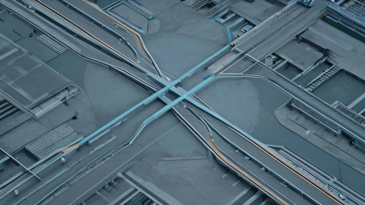 Abstract technology connection network representing error handling system featuring geometric shapes and lines in dusty blue and concrete colors with bright accents shot from top-down perspective high-quality ultra-realistic cinematic 8K UHD high resolution sharp and detail