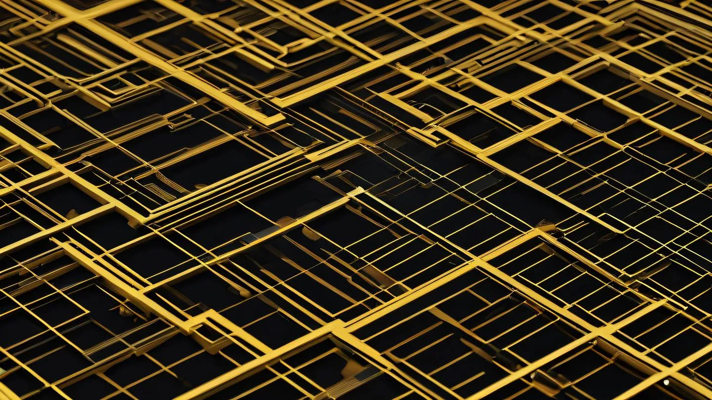 Abstract geometric patterns representing data flow and validation featuring butterscotch yellow and black colors with sharp lines and nodes captured from an isometric angle high-quality ultra-realistic cinematic 8K UHD high resolution sharp and detail