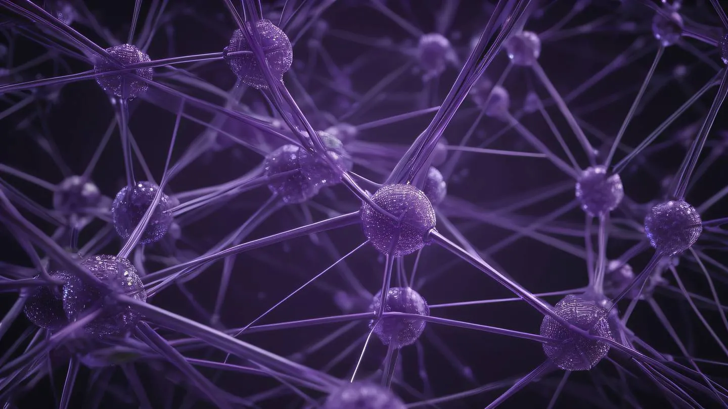 Abstract network of interconnected nodes representing error handling pathways in amethyst and gray colors with bright highlights shot from a diagonal perspective high-quality ultra-realistic cinematic 8K UHD high resolution sharp and detail