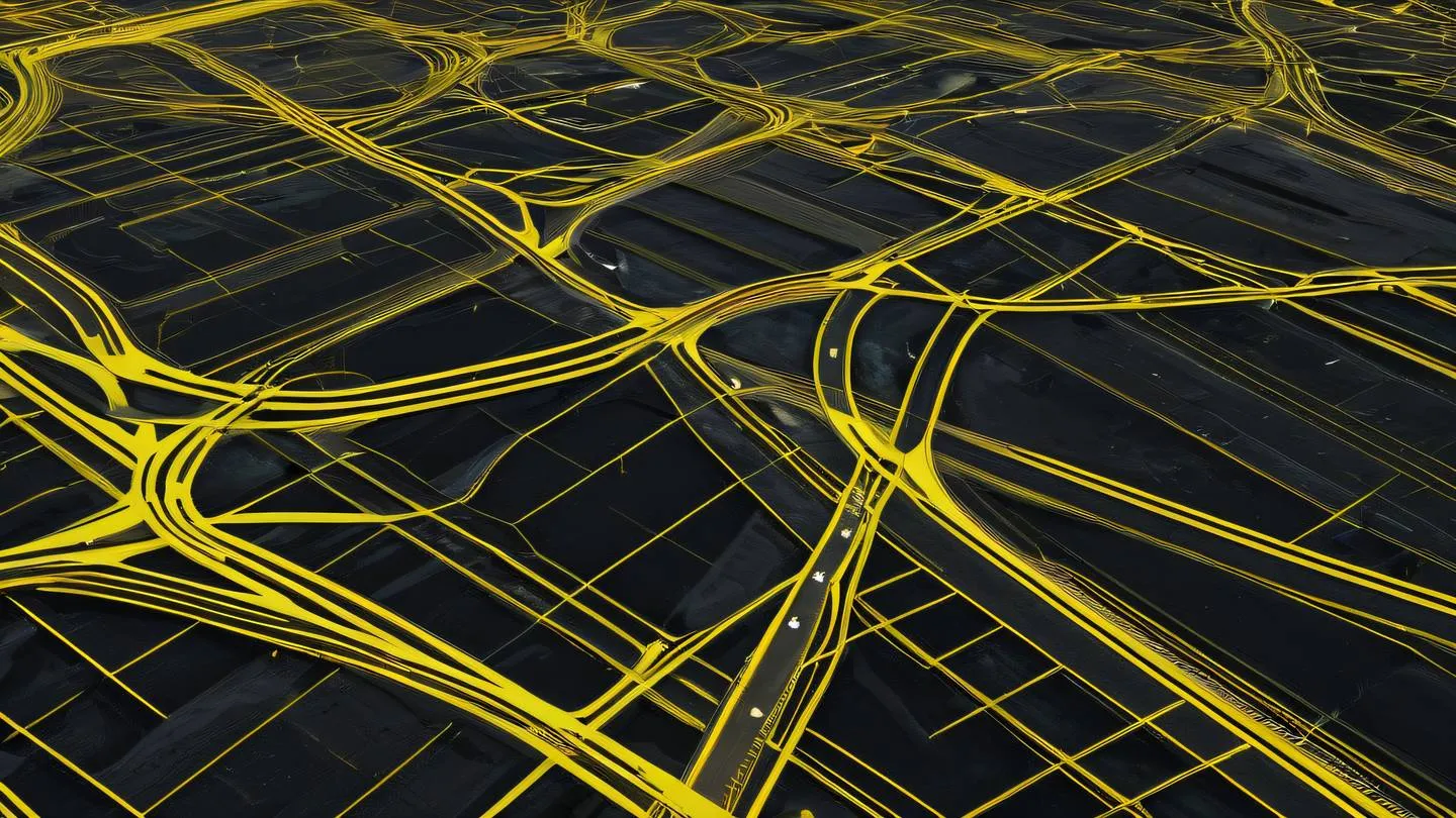 Abstract digital landscape representing error recovery and system healing featuring bright yellow and black geometric patterns with flowing lines captured from a bird's eye view high-quality ultra-realistic cinematic 8K UHD high resolution sharp and detail