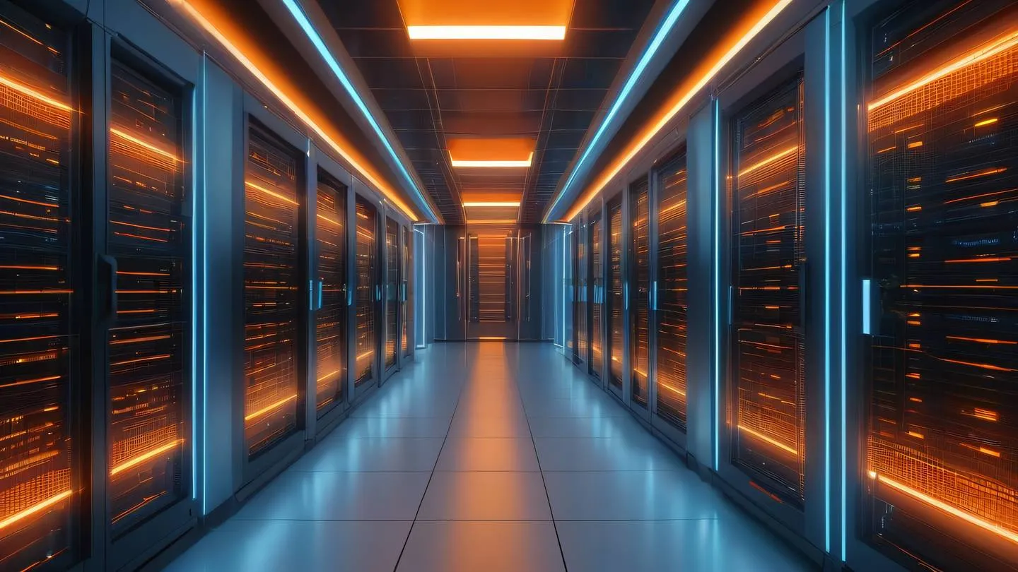 A futuristic server room with geometric patterns floating holographic data streams ceiling height view dominant colors: bright orange and creamy white gradients ultra-realistic cinematic 8K UHD high resolution sharp and detail