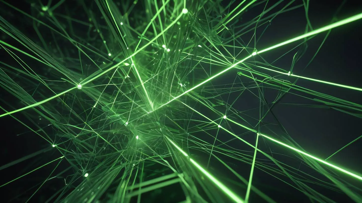 Abstract technology network connections floating geometric shapes and light streams low angle shot dominant colors: lime green and stone gray high-quality ultra-realistic cinematic 8K UHD high resolution sharp and detail