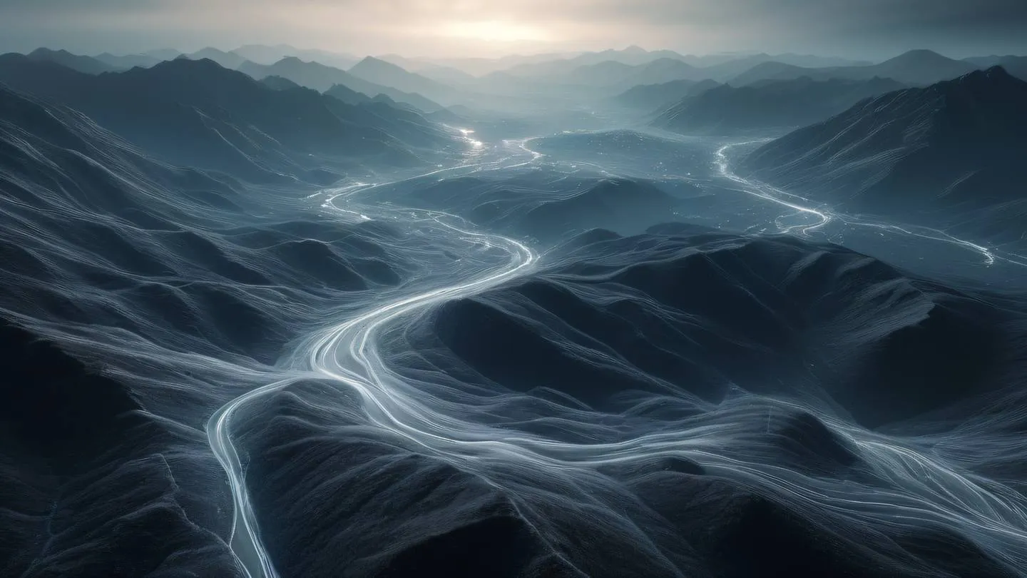 Surreal digital landscape with data streams flowing through crystalline structures bird's eye view dominant colors: October mist and black gradients high-quality ultra-realistic cinematic 8K UHD high resolution sharp and detail