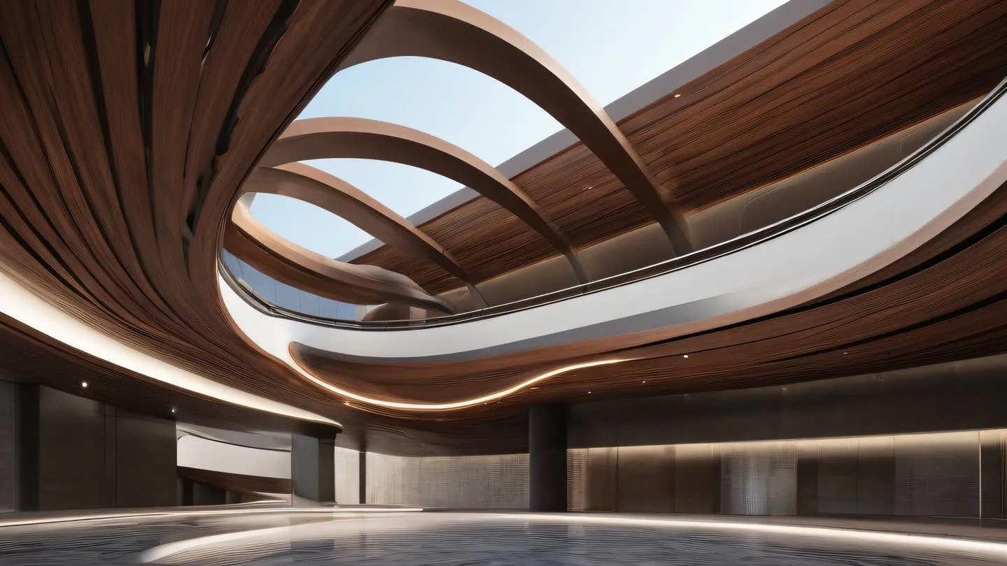 Abstract architectural composition with flowing curves and lines walnut and iron colors with bright accents photographed from low angle perspective high-quality ultra-realistic cinematic 8K UHD high resolution sharp and detail