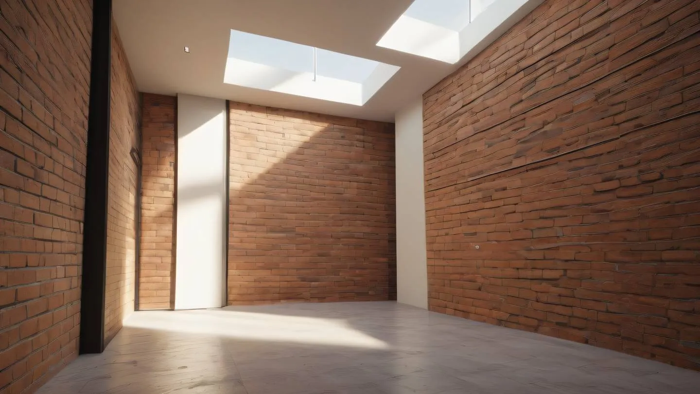 Minimalist architectural interior with clean lines and geometric shadows umber and sun-washed brick colors captured from wide angle perspective high-quality ultra-realistic cinematic 8K UHD high resolution sharp and detail