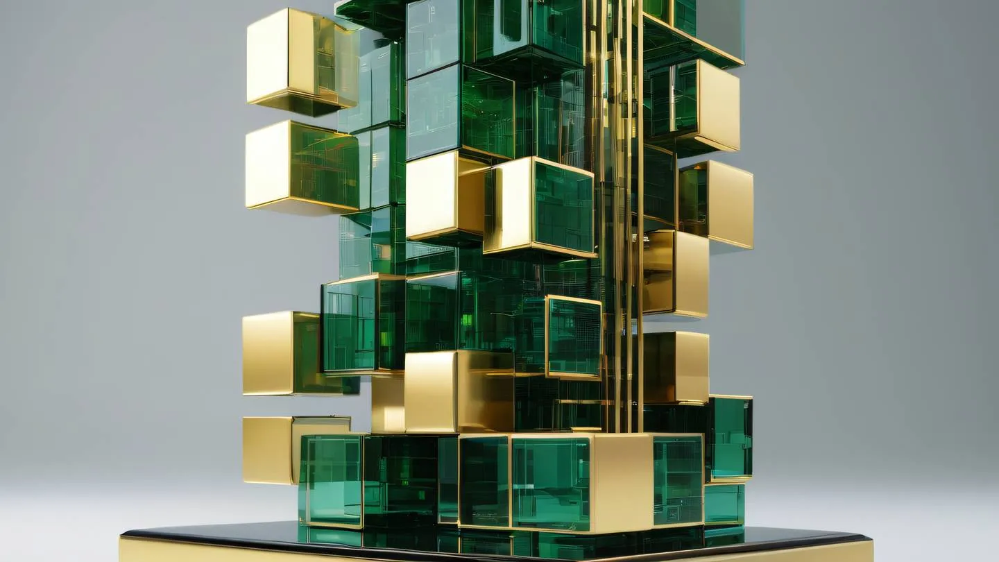 A modern abstract sculpture representing memory blocks and data flow made of polished metal and glass with intricate patterns colors: bright golden and forest green tones camera angle: low angle shot emphasizing the towering structure high-quality ultra-realistic cinematic 8K UHD high resolution sharp and detail