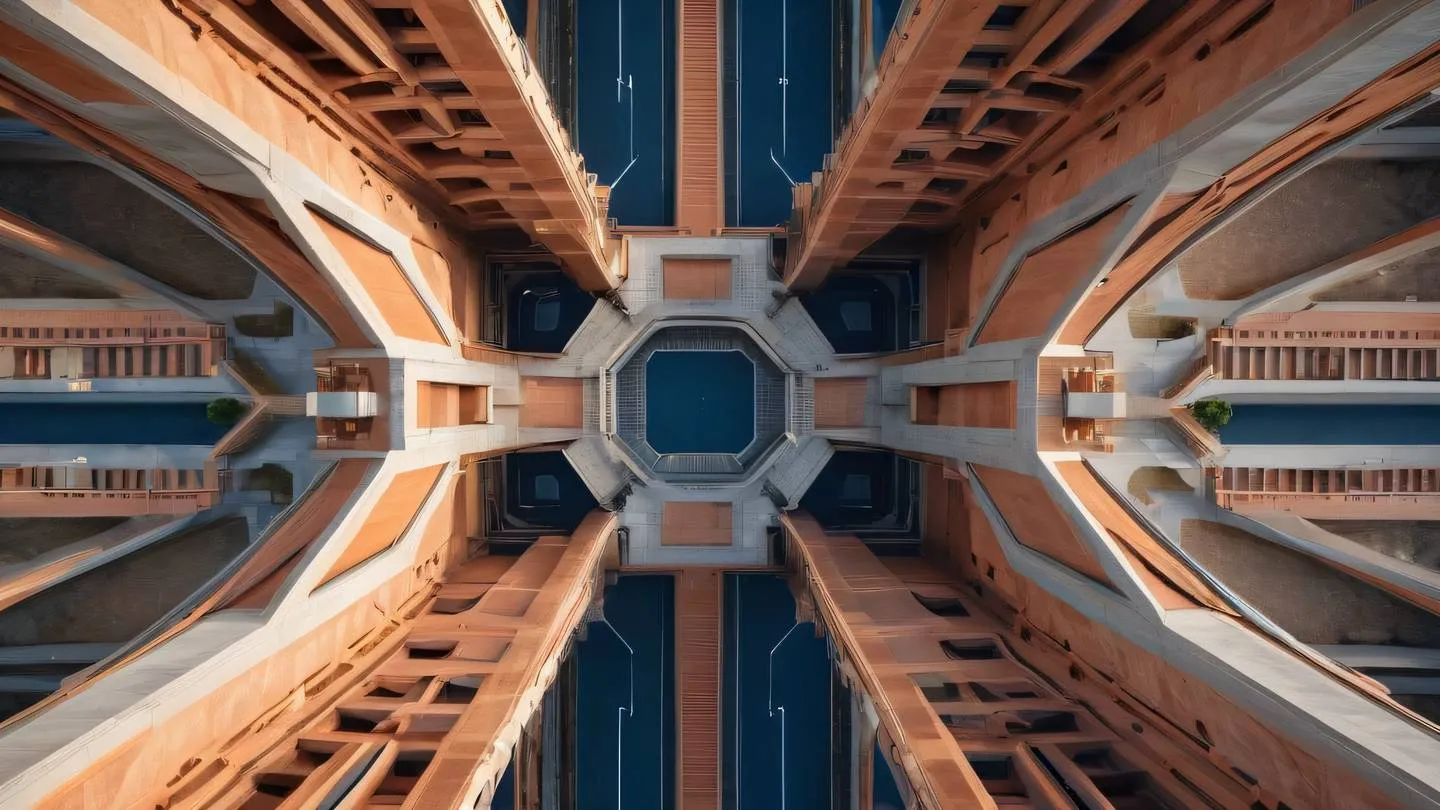 Abstract geometric concrete architecture with interconnected pathways and bridges representing memory allocation paths colors: rustic terracotta and deep blue accents camera angle: aerial perspective showing complex patterns high-quality ultra-realistic cinematic 8K UHD high resolution sharp and detail