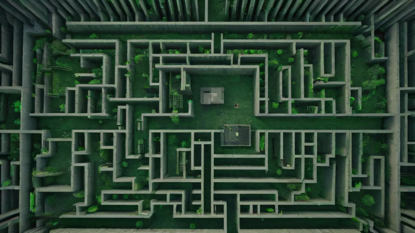 Architectural stone maze structure viewed from above representing memory pathways and garbage collection processes colors: dark green and neon green creating contrast patterns camera angle: top-down drone perspective high-quality ultra-realistic cinematic 8K UHD high resolution sharp and detail