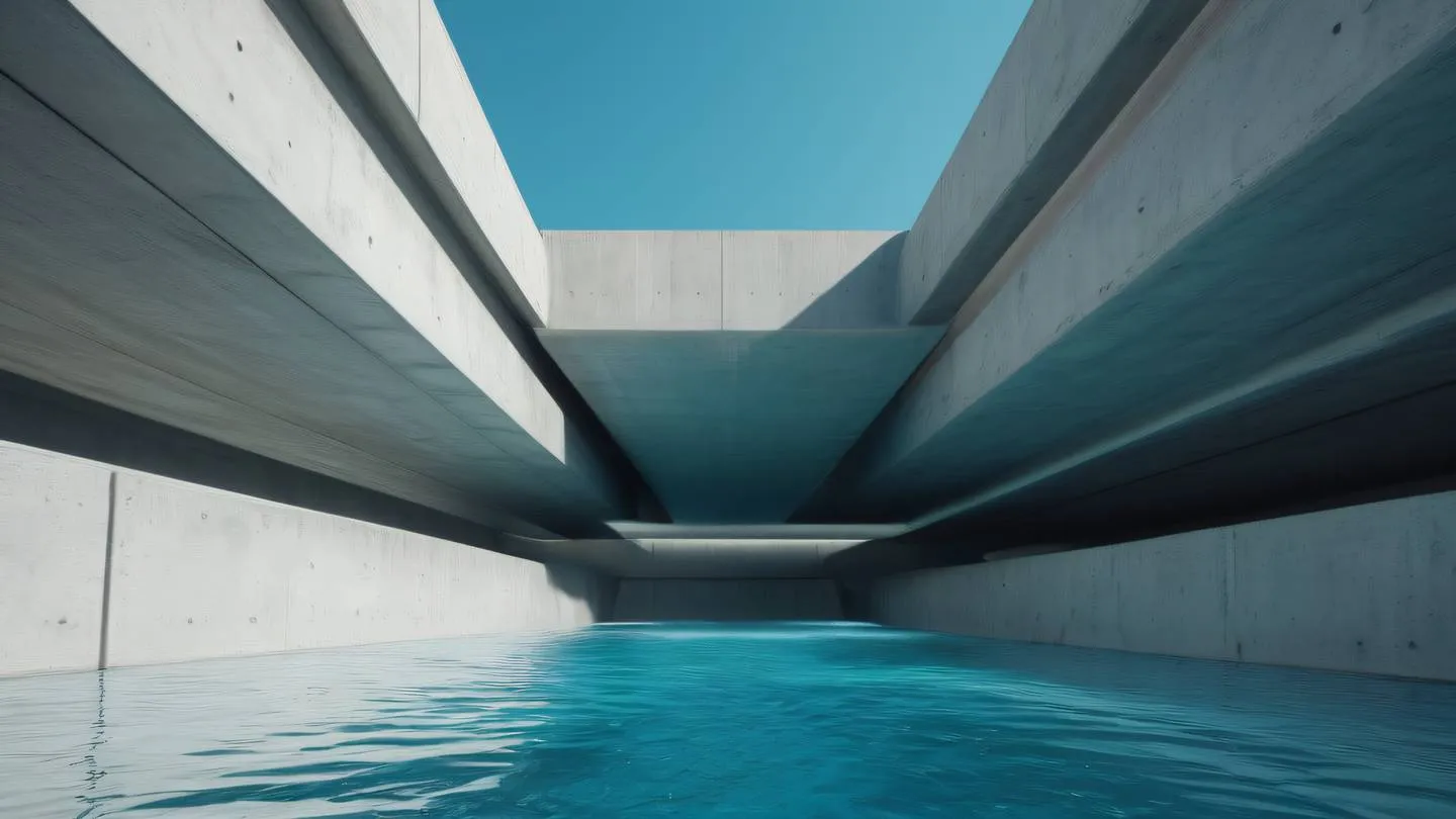 Modern minimalist concrete structure with flowing water elements representing memory flow and optimization colors: bright cyan and metallic silver tones camera angle: wide angle perspective emphasizing depth and scale high-quality ultra-realistic cinematic 8K UHD high resolution sharp and detail