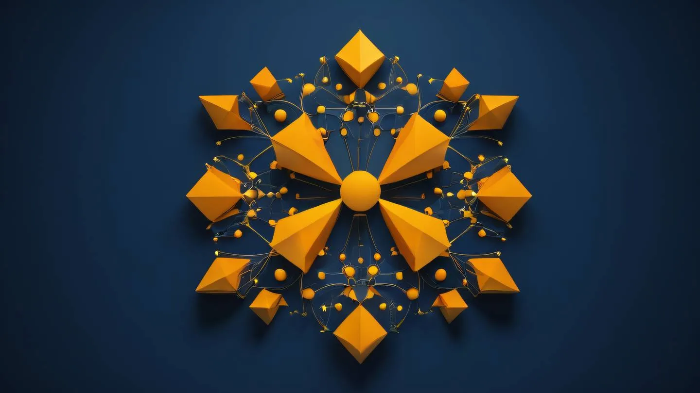 A metaphysical abstract composition showing mirrors reflecting infinite patterns with floating geometric shapes in minimal yellow and bright orange tones against a deep blue background captured from a top-down perspective high-quality ultra-realistic cinematic 8K UHD high resolution sharp and detail