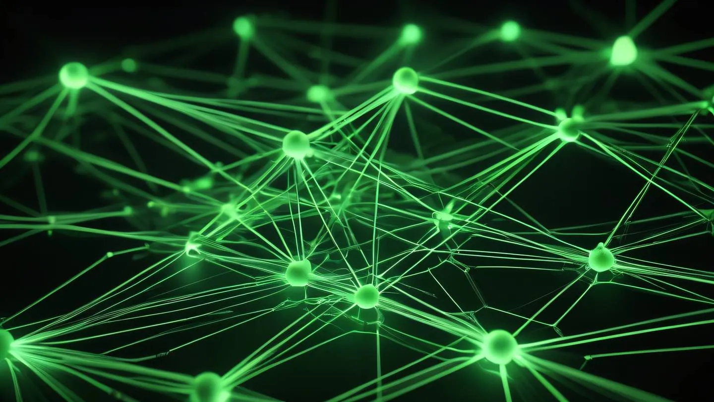 A series of interconnected nodes and pathways forming a complex network structure rendered in bright neon green and off-white colors against a dark background captured from a diagonal perspective high-quality ultra-realistic cinematic 8K UHD high resolution sharp and detail