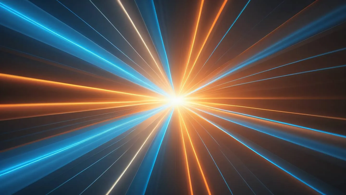 An abstract representation of a prism splitting light into multiple beams featuring bright orange and electric blue rays against a neutral background shot from a straight-on perspective high-quality ultra-realistic cinematic 8K UHD high resolution sharp and detail