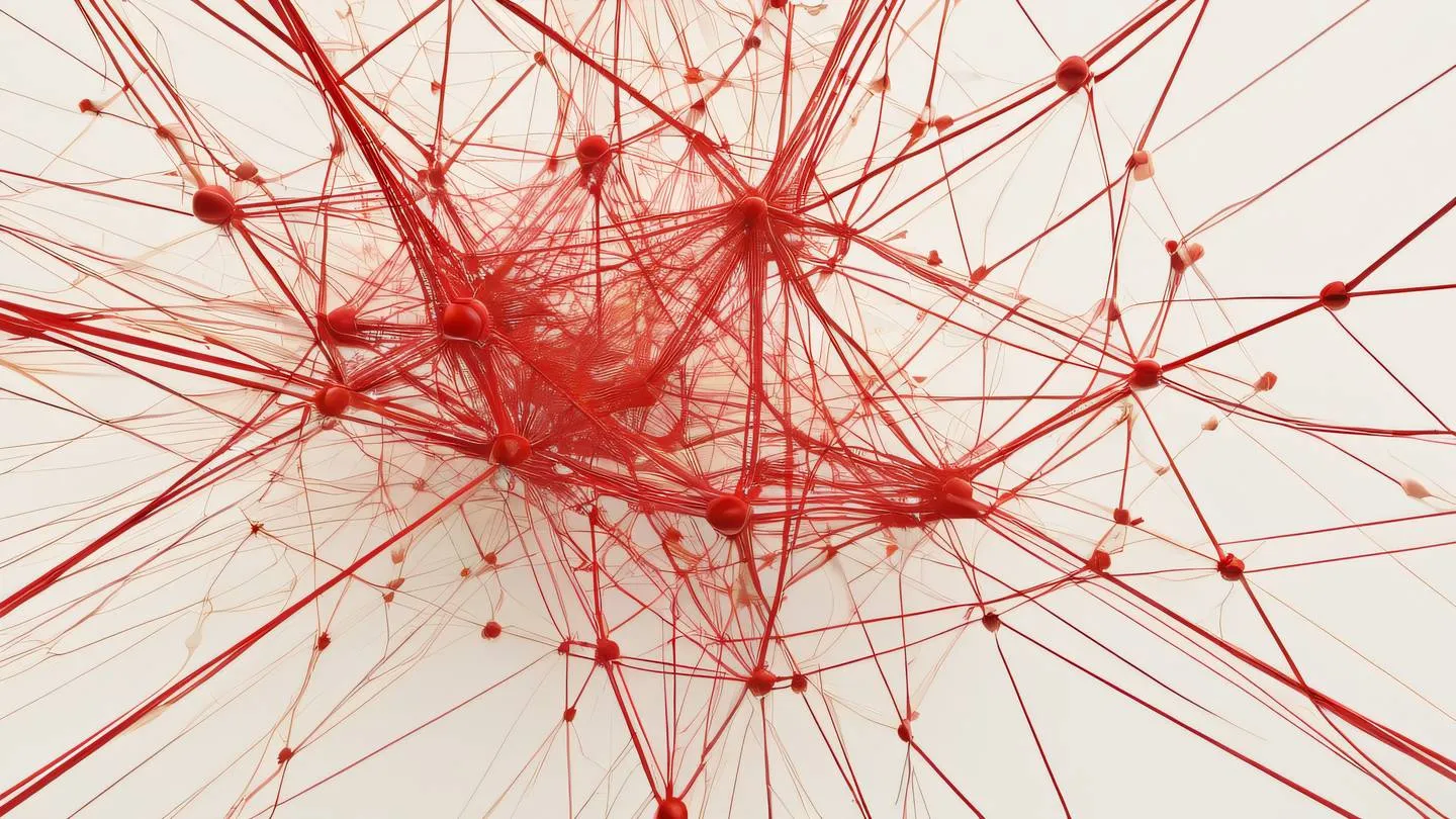 A abstract geometric representation of performance optimization featuring interconnected nodes and pathways in bright red and ochre colors against an off-white background viewed from a top-down perspective high-quality ultra-realistic cinematic 8K UHD high resolution sharp and detail