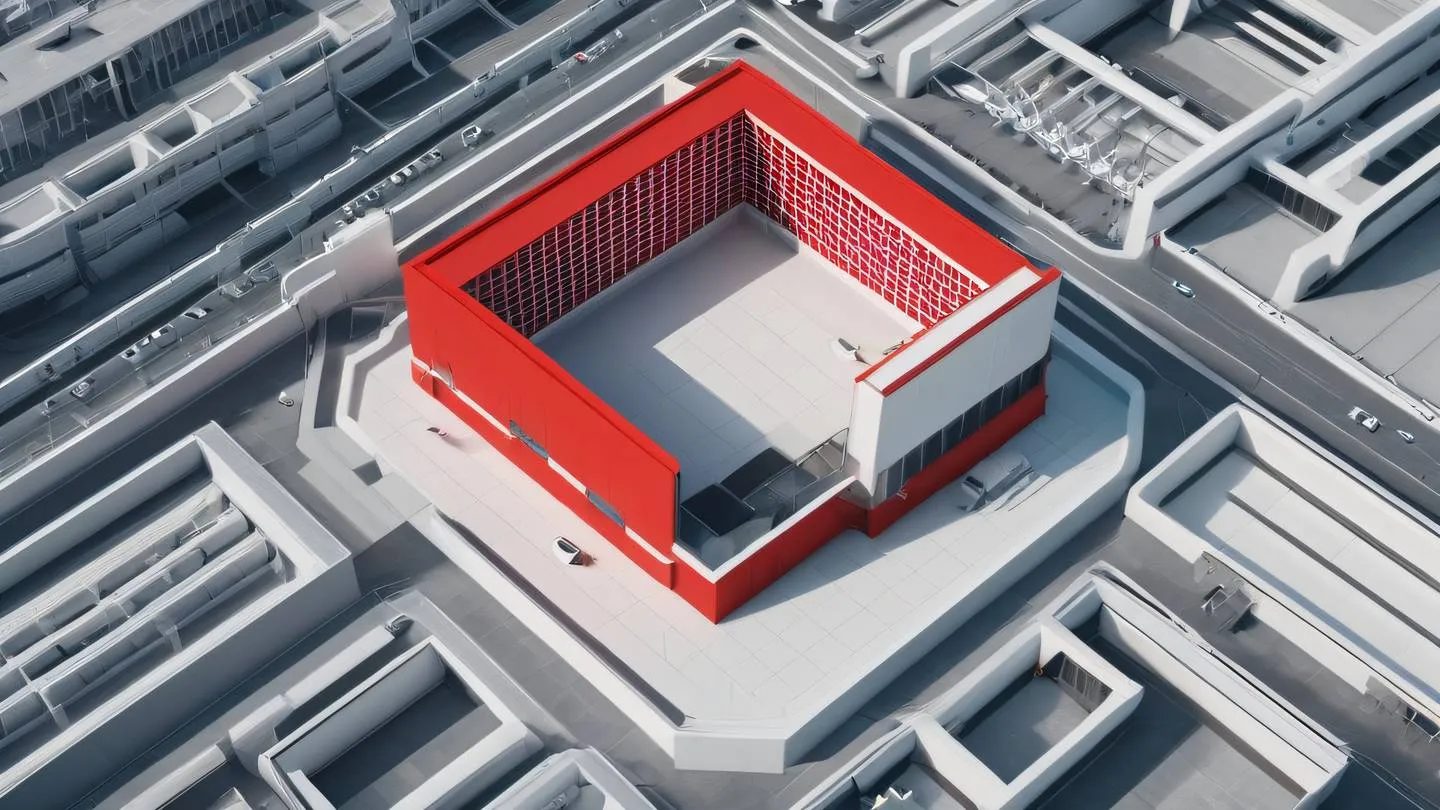 Minimalist architectural structure representing efficiency and optimization with clean lines and geometric patterns in bright red and off-white colors captured from an aerial perspective high-quality ultra-realistic cinematic 8K UHD high resolution sharp and detail