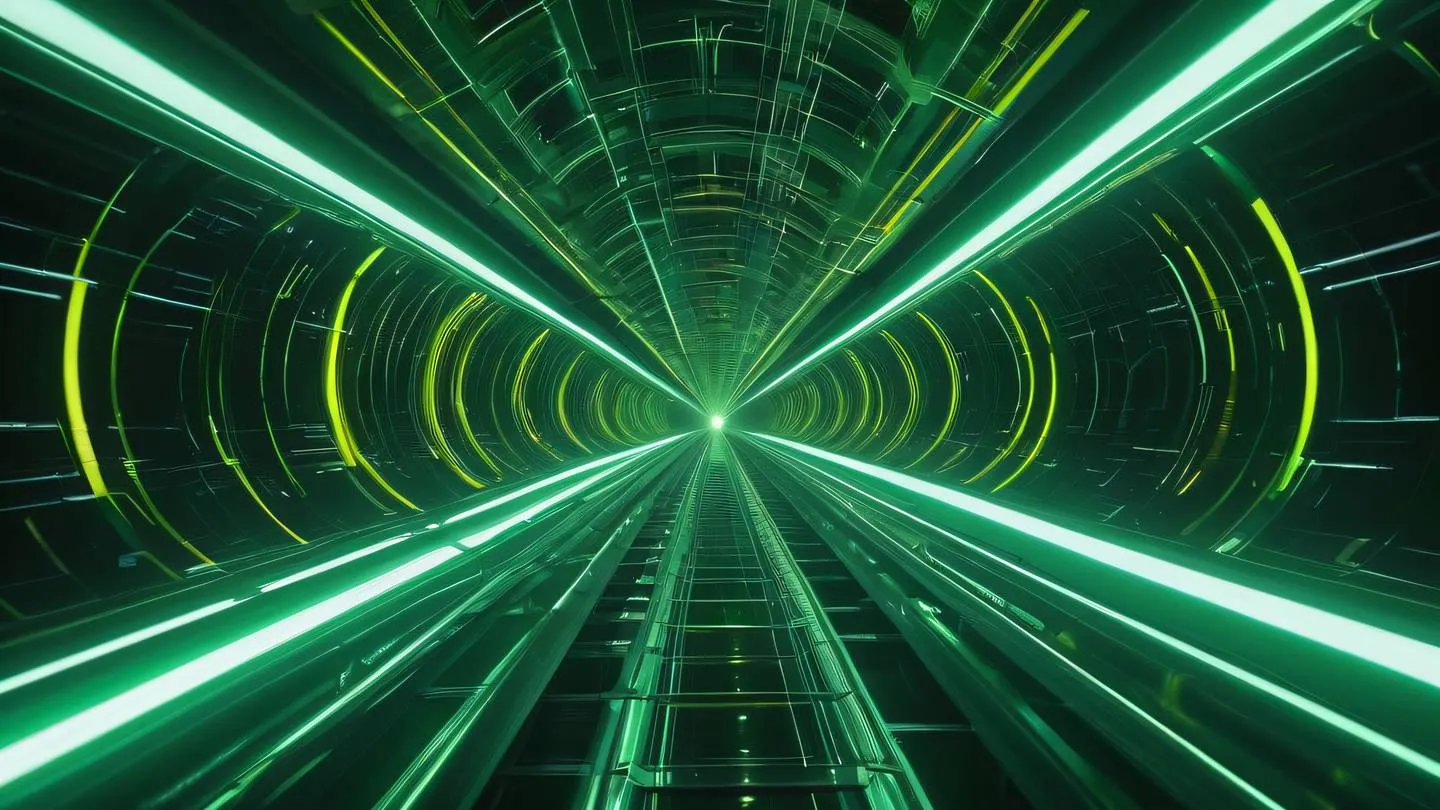 An abstract representation of multiple interconnected pathways floating in space with emerald green and yellow color streams flowing through transparent tunnels viewed from a dramatic low angle perspective high-quality ultra-realistic cinematic 8K UHD high resolution sharp and detail