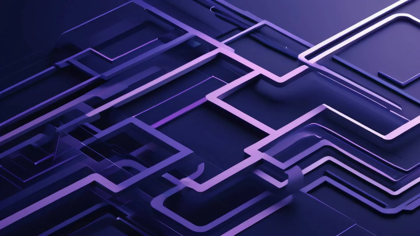 A minimalist abstract composition of flowing lines and geometric shapes in navy blue and lilac colors representing data flow and connectivity shot from an isometric perspective high-quality ultra-realistic cinematic 8K UHD high resolution sharp and detail