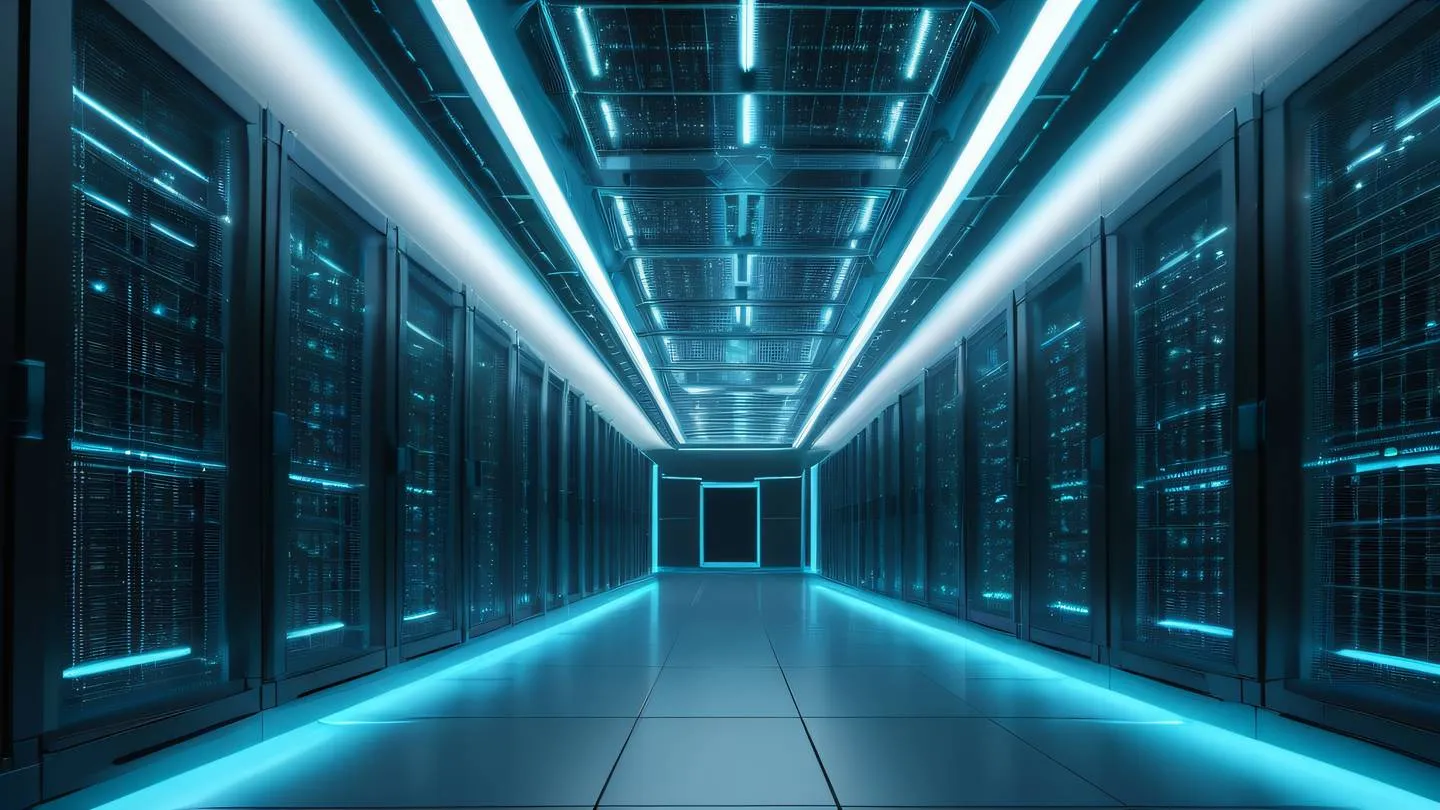 A futuristic modern cloud data center with geometric patterns featuring interconnected crystalline structures in metallic silver and bright cyan colors shot from a low-angle perspective with dramatic lighting high-quality ultra-realistic cinematic 8K UHD high resolution sharp and detail