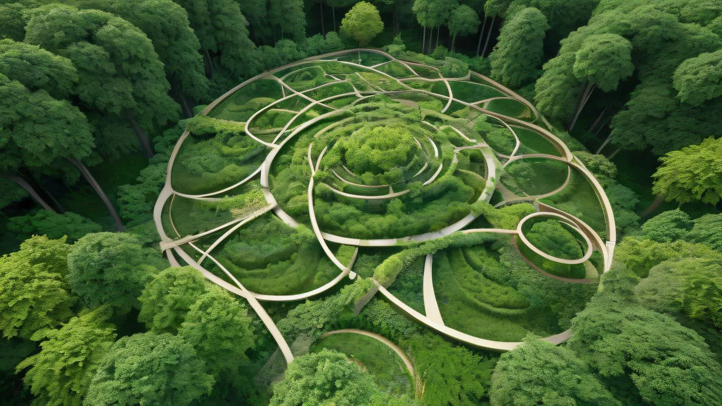 An abstract representation of interconnected nodes in a garden setting with flowing pathways connecting geometric structures rendered in bright emerald green and pale gold colors captured from a bird's eye view high-quality ultra-realistic cinematic 8K UHD high resolution sharp and detail