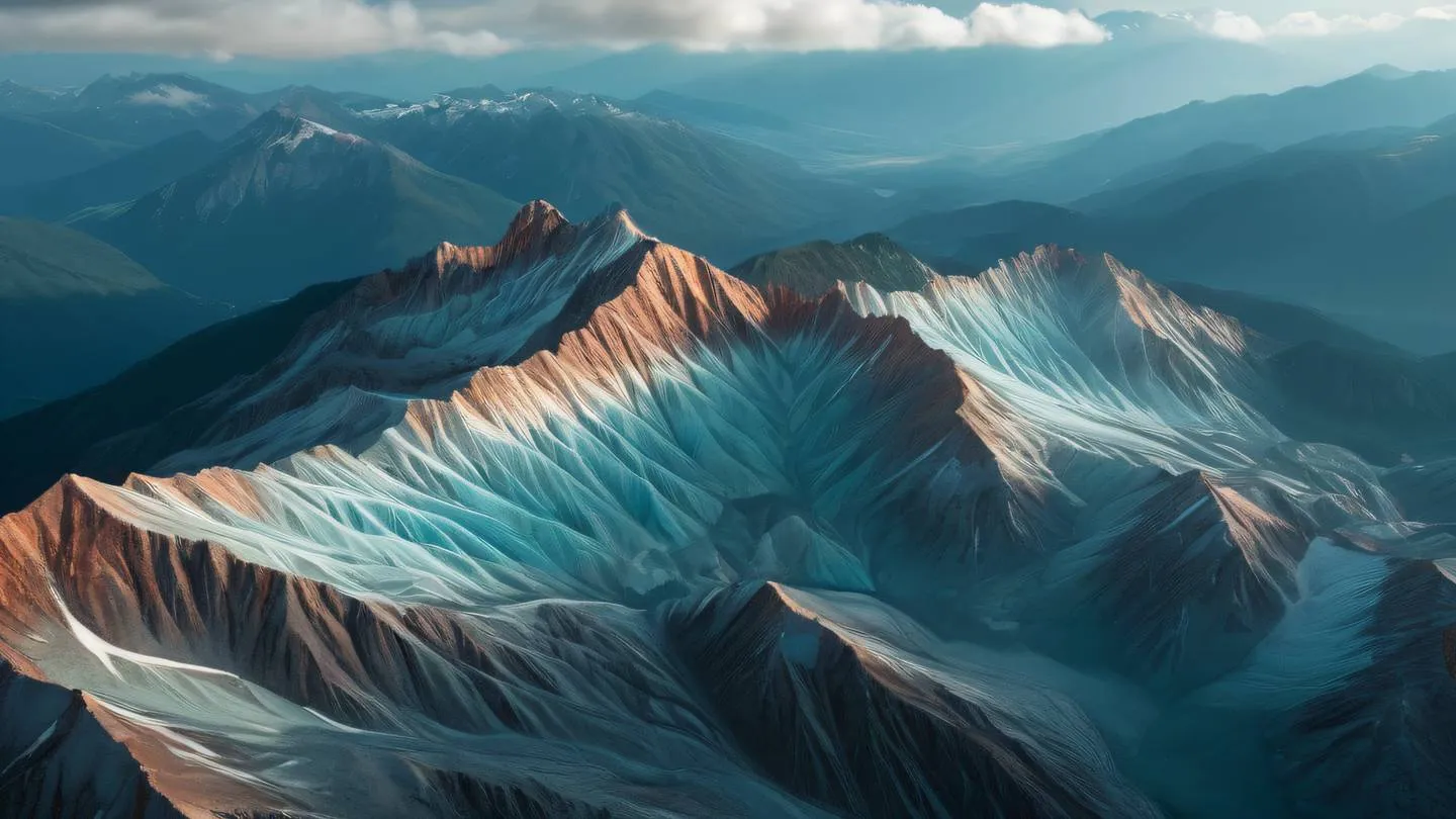 A serene mountain landscape with abstract geometric patterns overlaid featuring bright turquoise and metallic copper colors cloud formations weaving through peaks photographed from a diagonal aerial perspective high-quality ultra-realistic cinematic 8K UHD high resolution sharp and detail