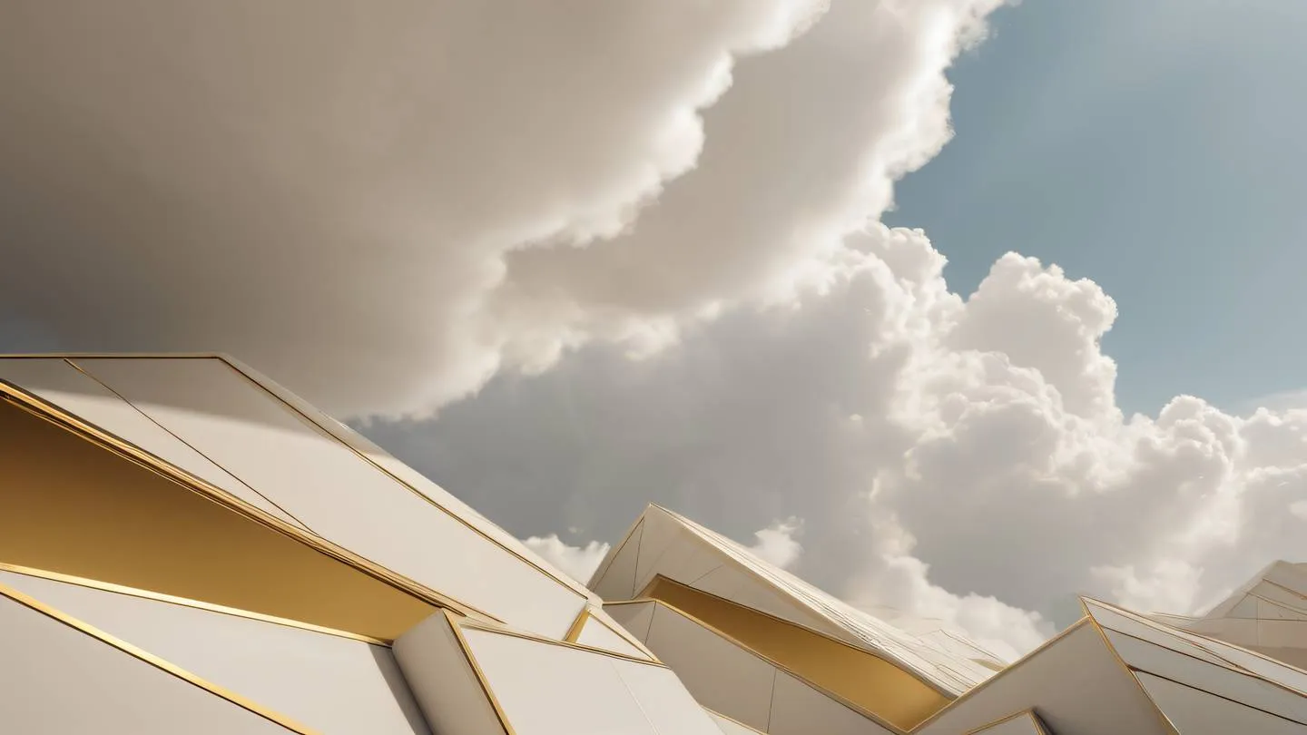 A minimalist architectural visualization of cloud formations morphing into geometric shapes featuring rich cream and metallic gold colors with layered perspectives viewed from a dynamic diagonal angle high-quality ultra-realistic cinematic 8K UHD high resolution sharp and detail